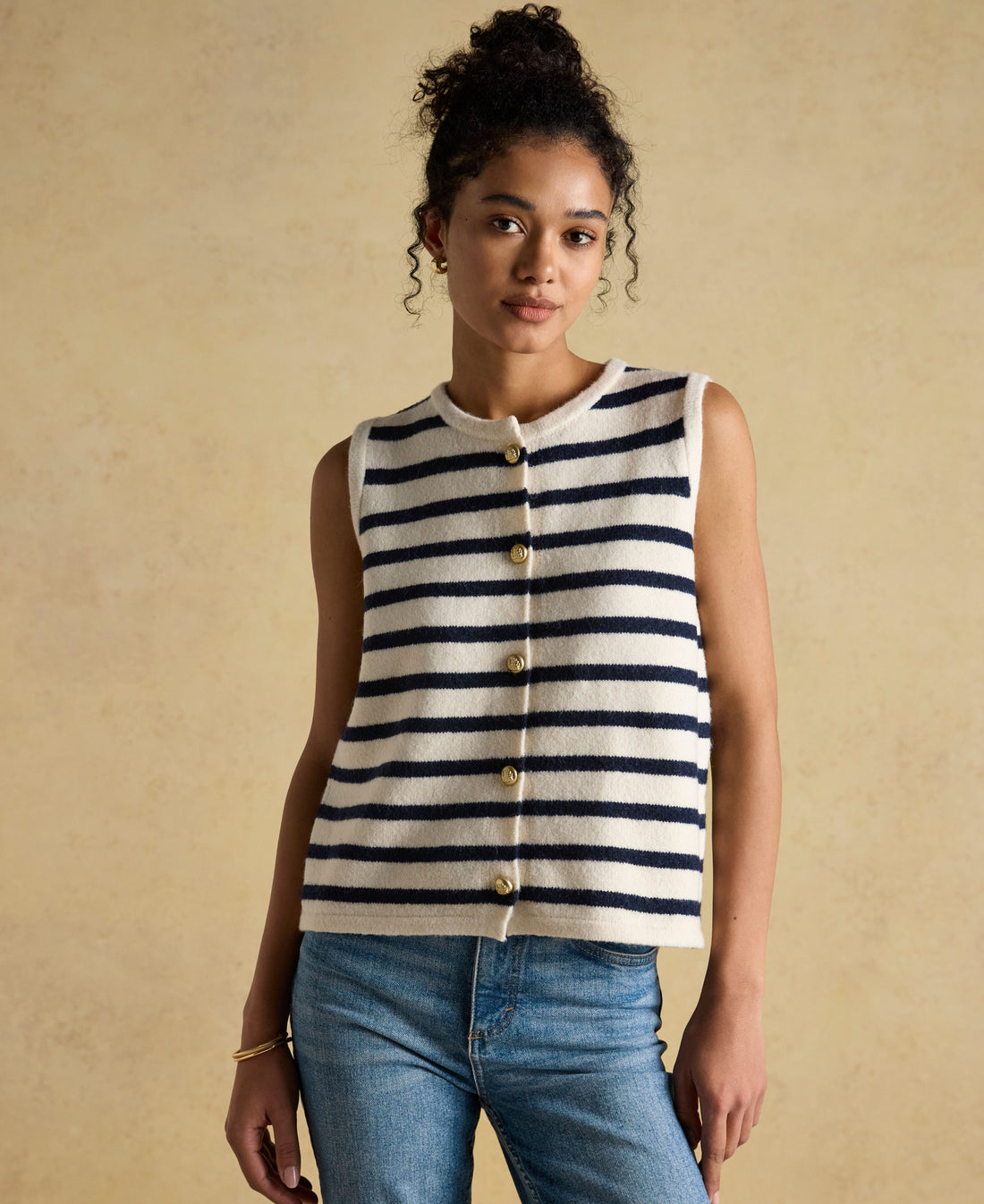 Holly Button Tank Top - Cream/Navy