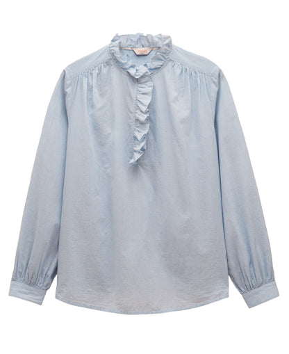 Melanie Cotton Ruffle Blouse - Blue/White