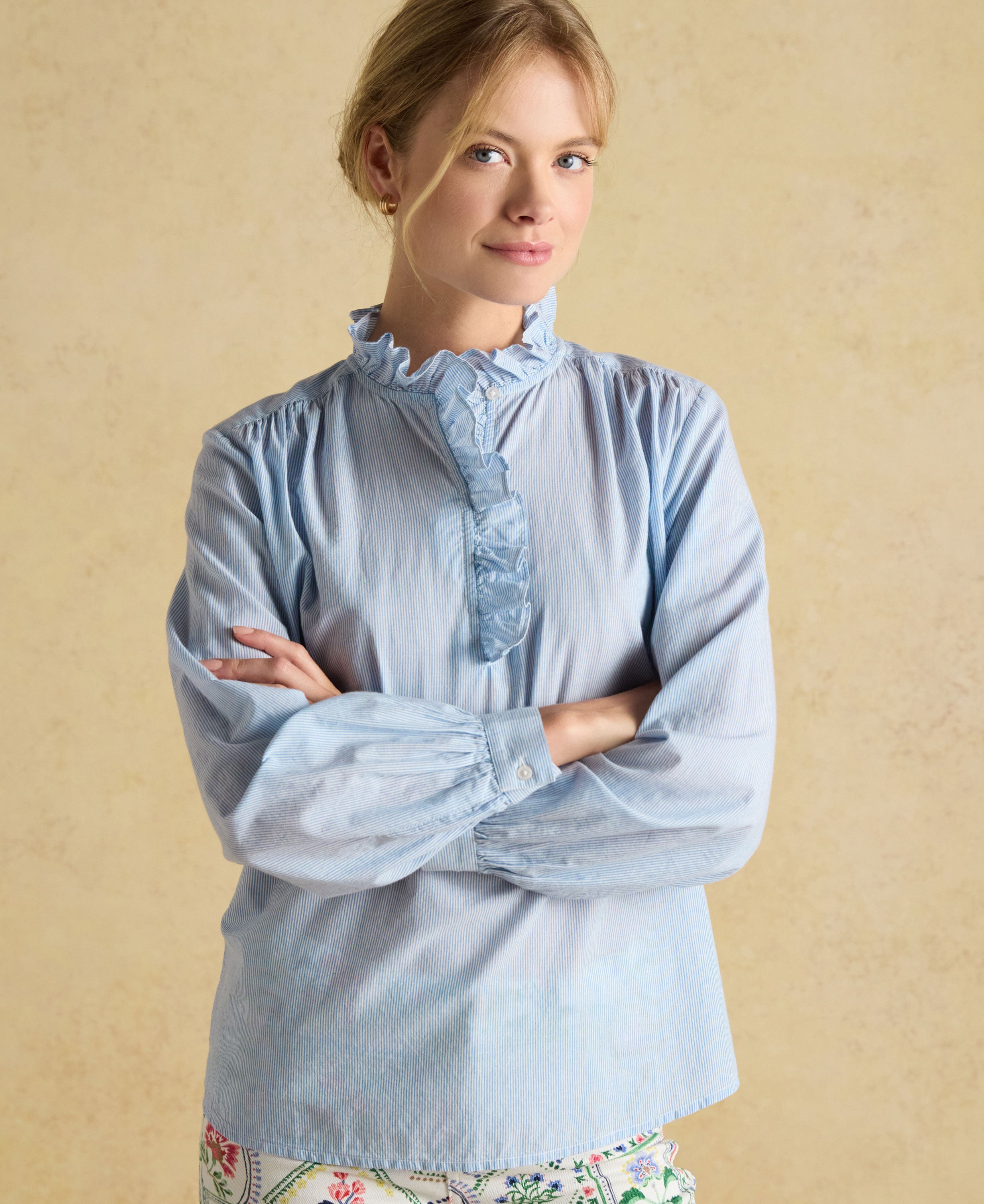 Melanie Cotton Ruffle Blouse - Blue/White