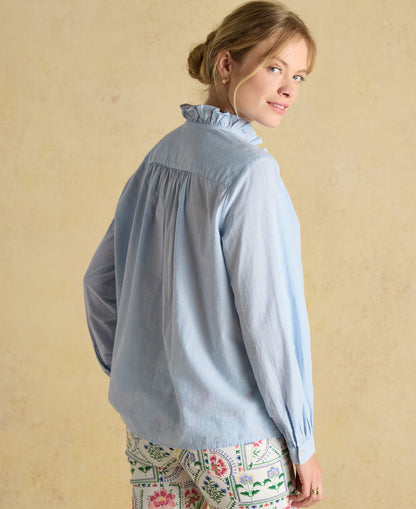 Melanie Cotton Ruffle Blouse - Blue/White