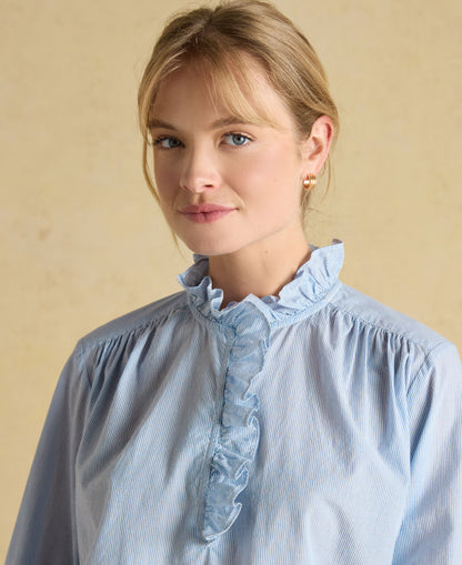 Melanie Cotton Ruffle Blouse - Blue/White