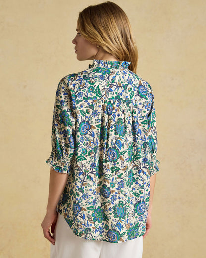 Melanie Short Sleeve Frill Blouse - Blue/Green