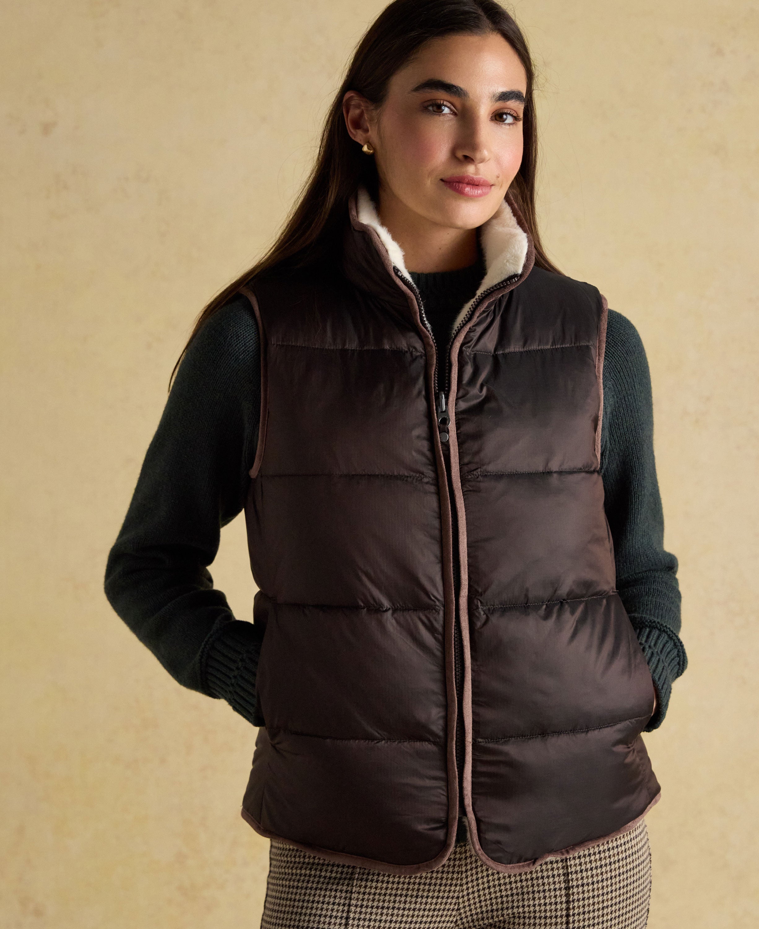 Reversible Faux Fur Padded Gilet - Brown/Cream