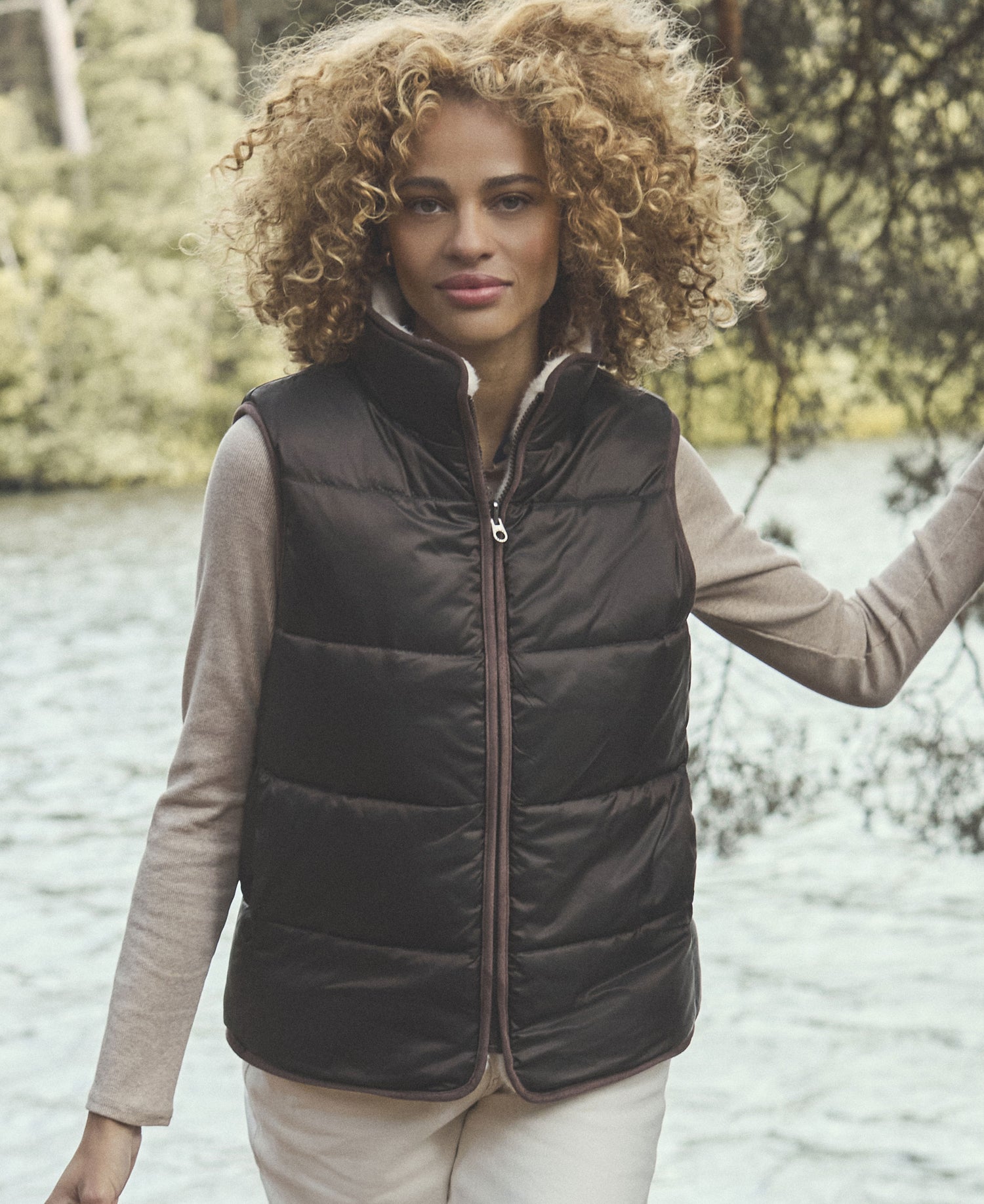 Reversible Faux Fur Padded Gilet - Brown/Cream