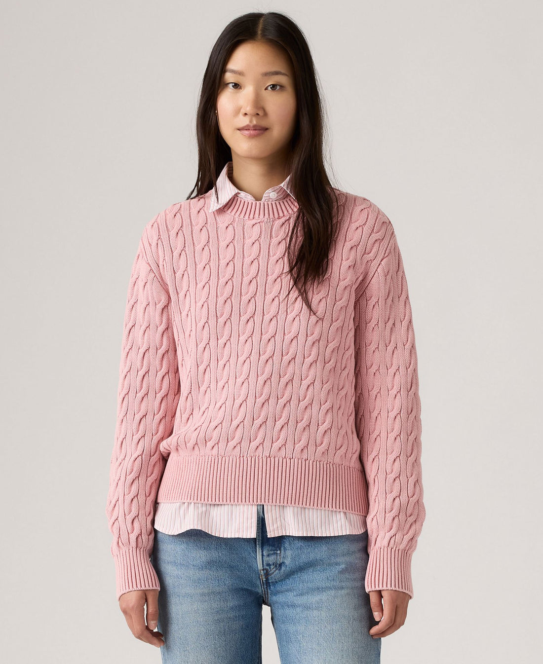 Boyfriend Cable Crew Pullover - Pink