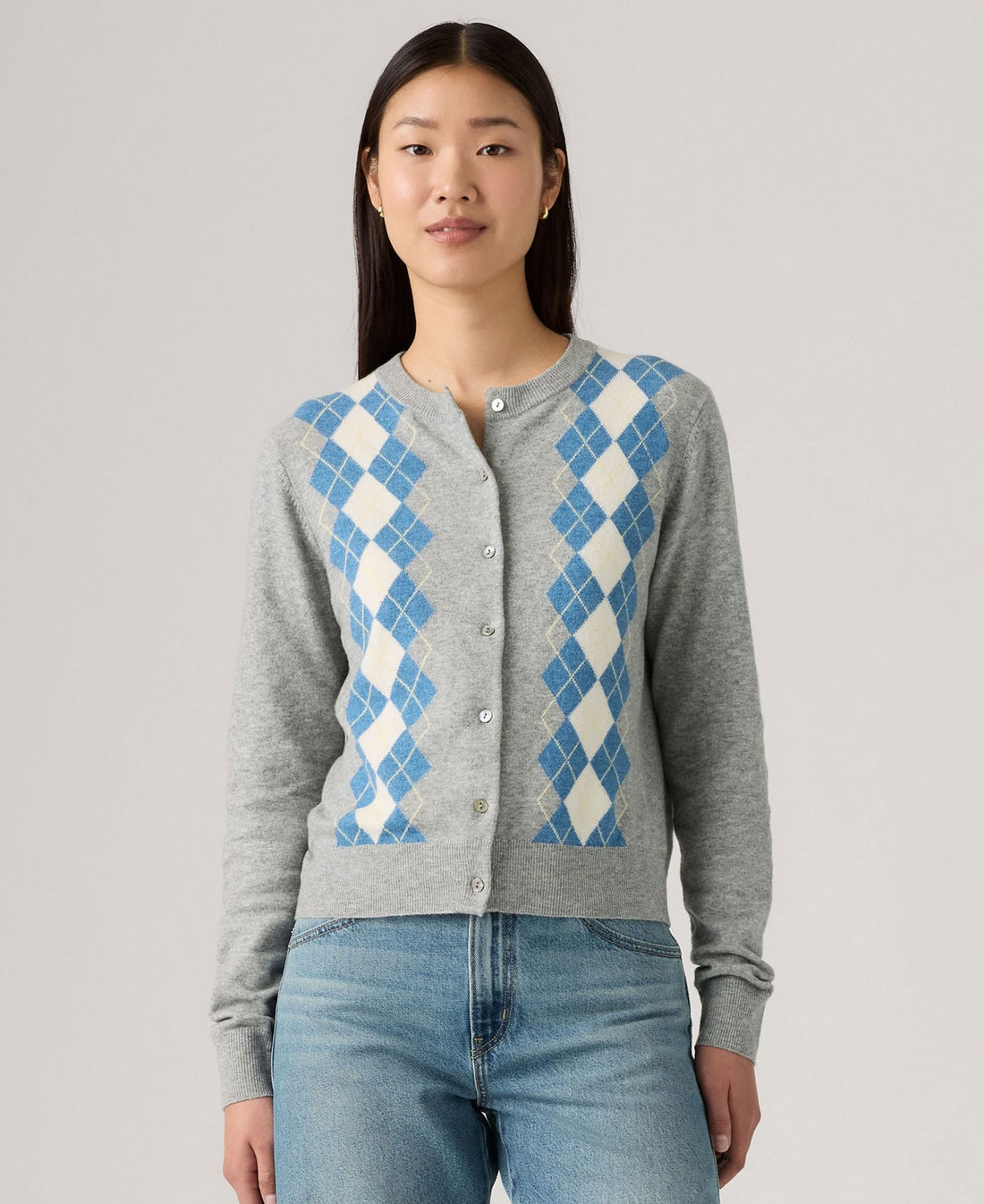 Supersoft Crewneck Cardigan - Elgin Placed Argyle V2 Star Sapphire Triblend