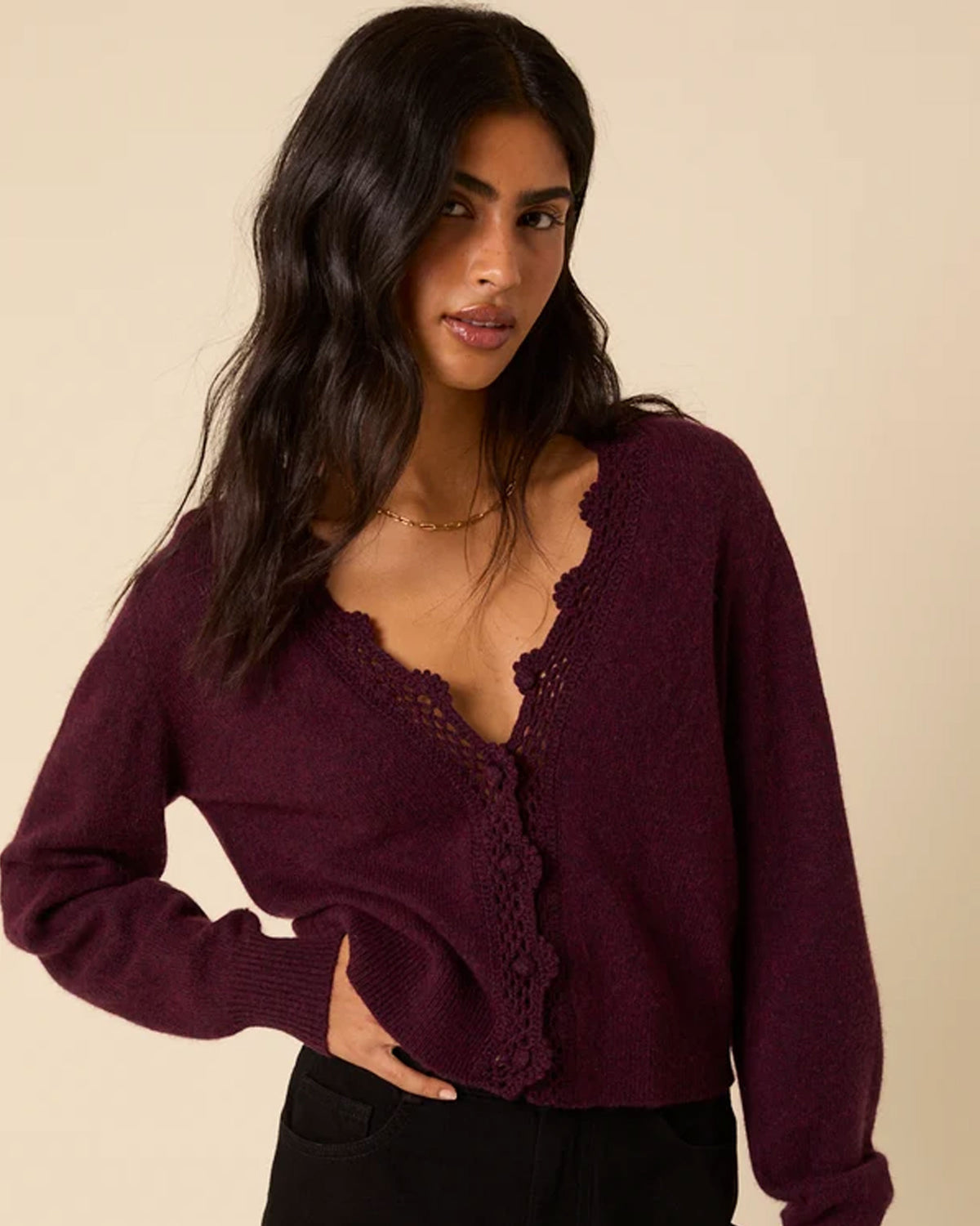 Crochet V Neck Cardigan - Purple
