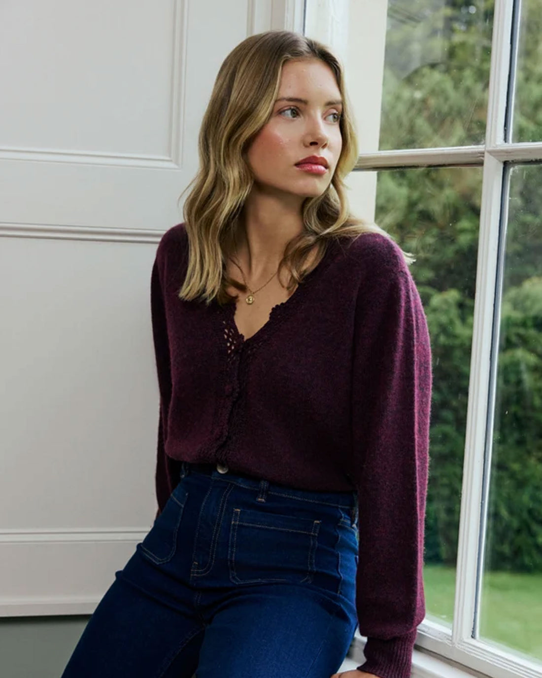 Crochet V Neck Cardigan - Purple