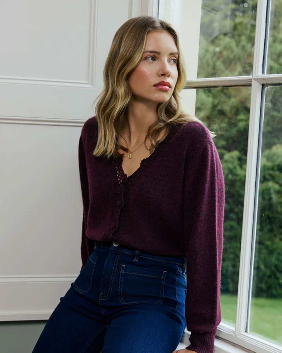 Crochet V Neck Cardigan - Purple