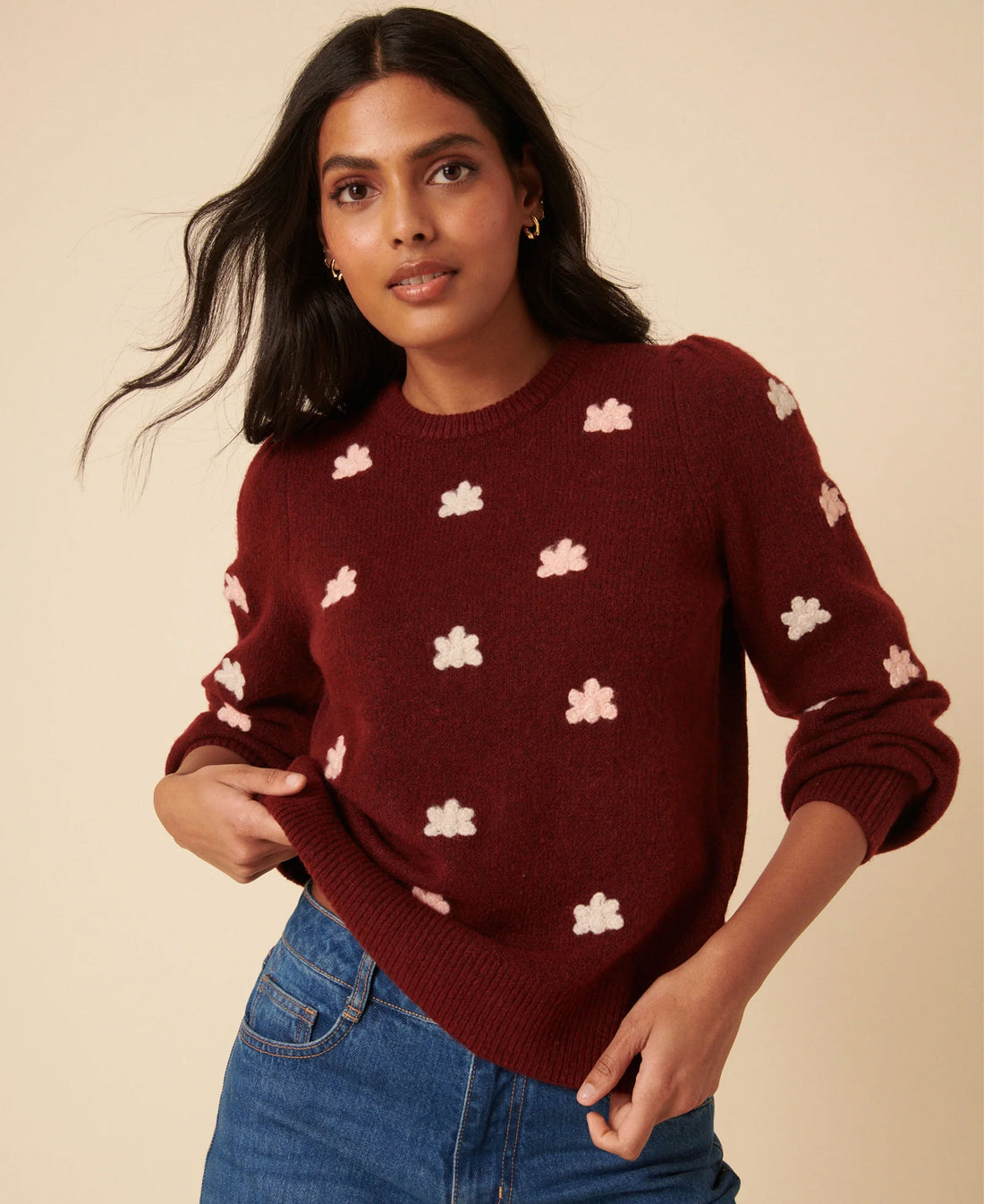 Flower Embroidered Jumper - Red