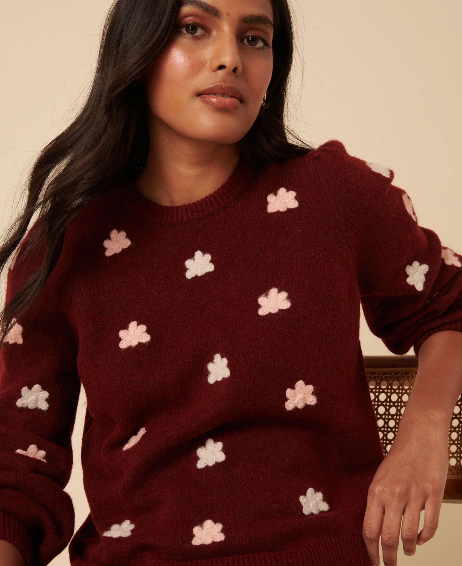 Flower Embroidered Jumper - Red