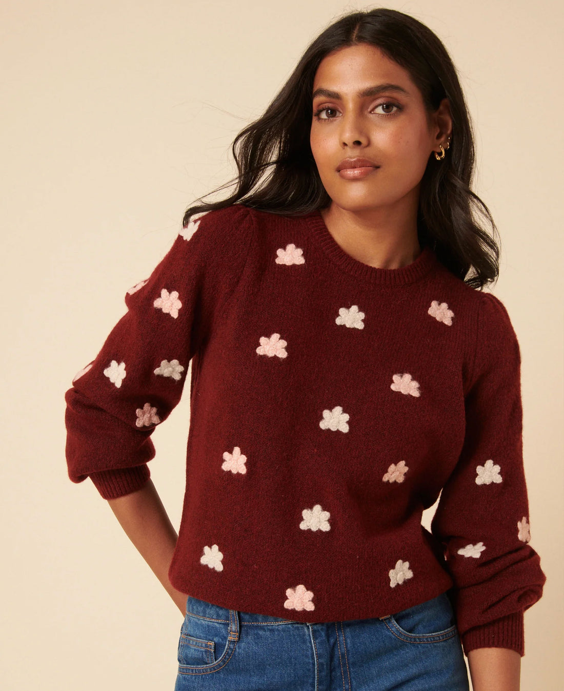 Flower Embroidered Jumper - Red