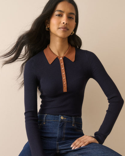 Ribbed Collared Polo Top - Blue