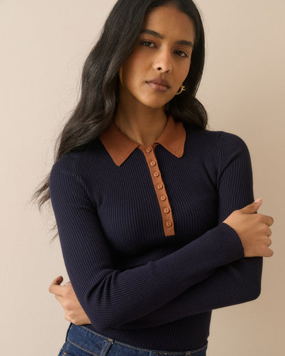 Ribbed Collared Polo Top - Blue