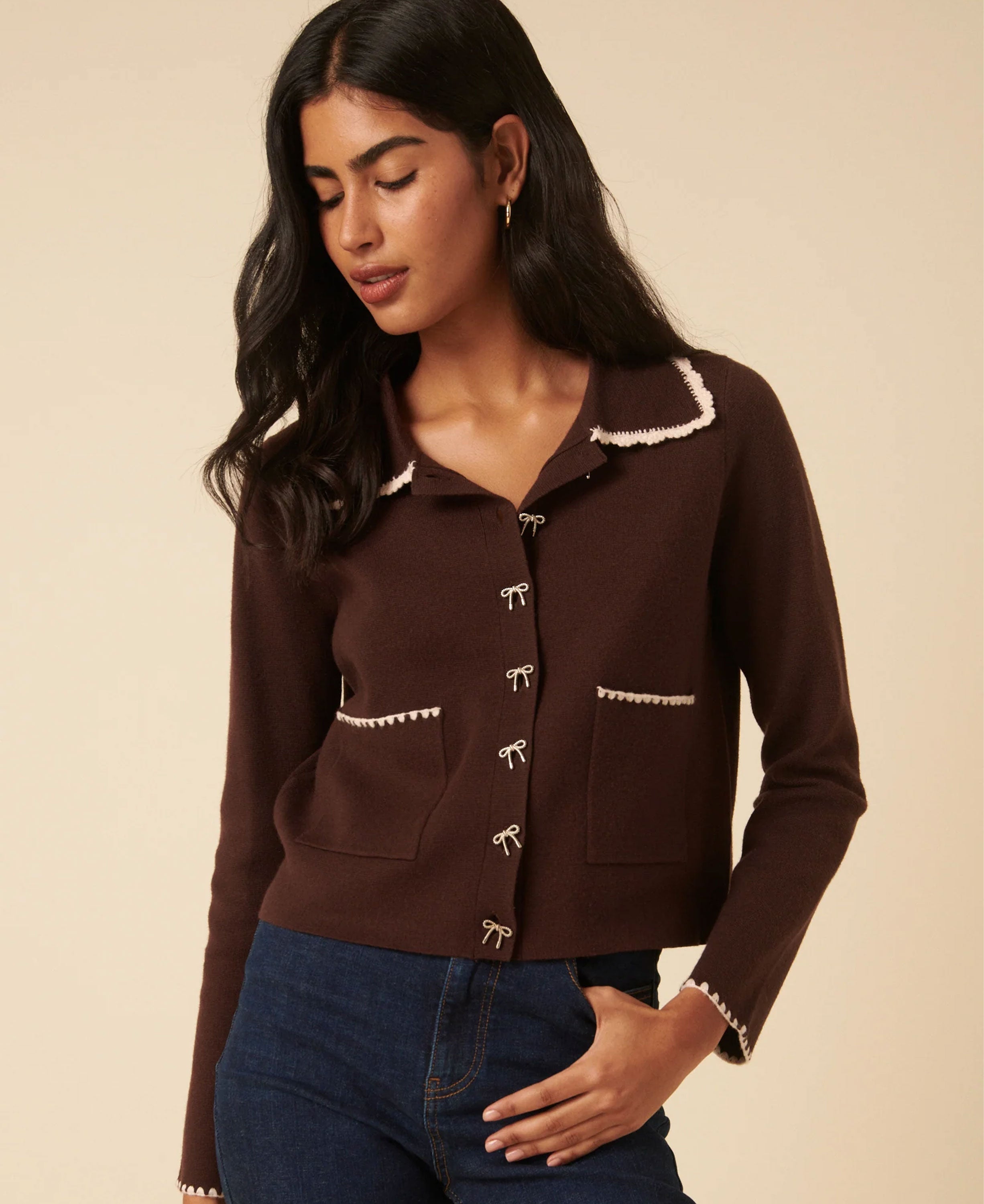 Crochet Knitted Cardigan - Brown