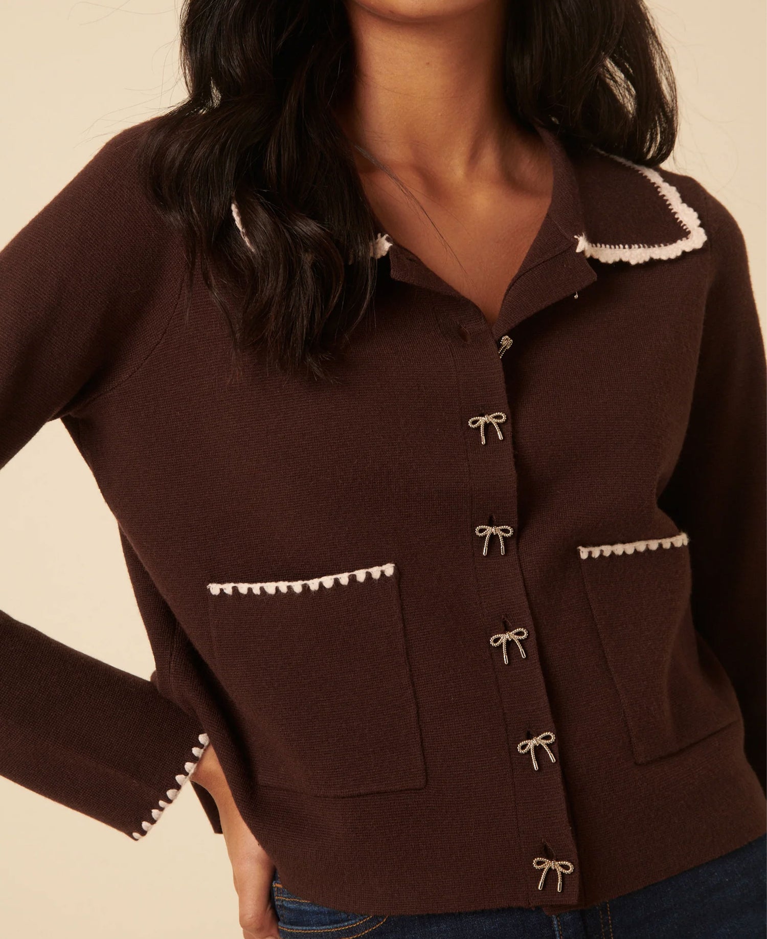 Crochet Knitted Cardigan - Brown