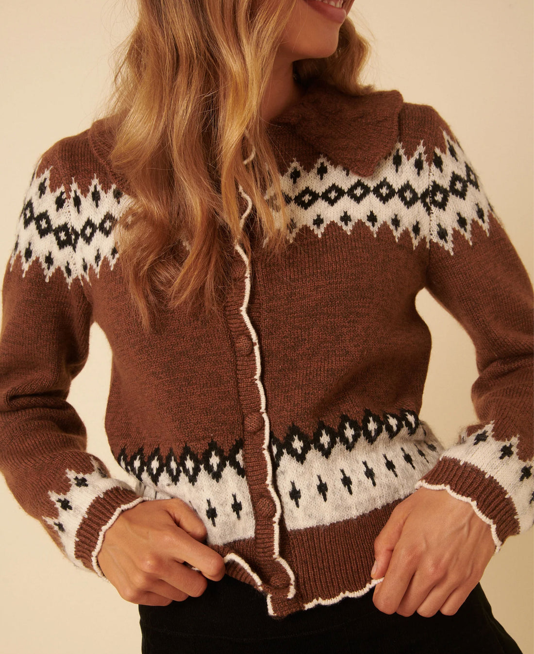 Fairisle Collared Cardigan - Brown