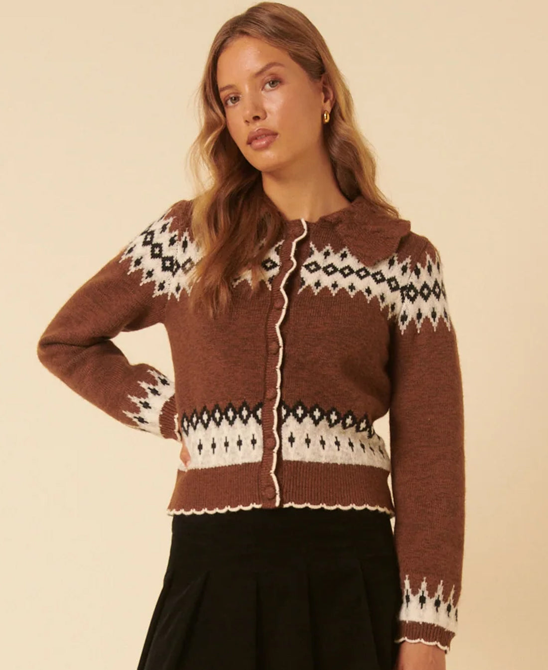 Fairisle Collared Cardigan - Brown