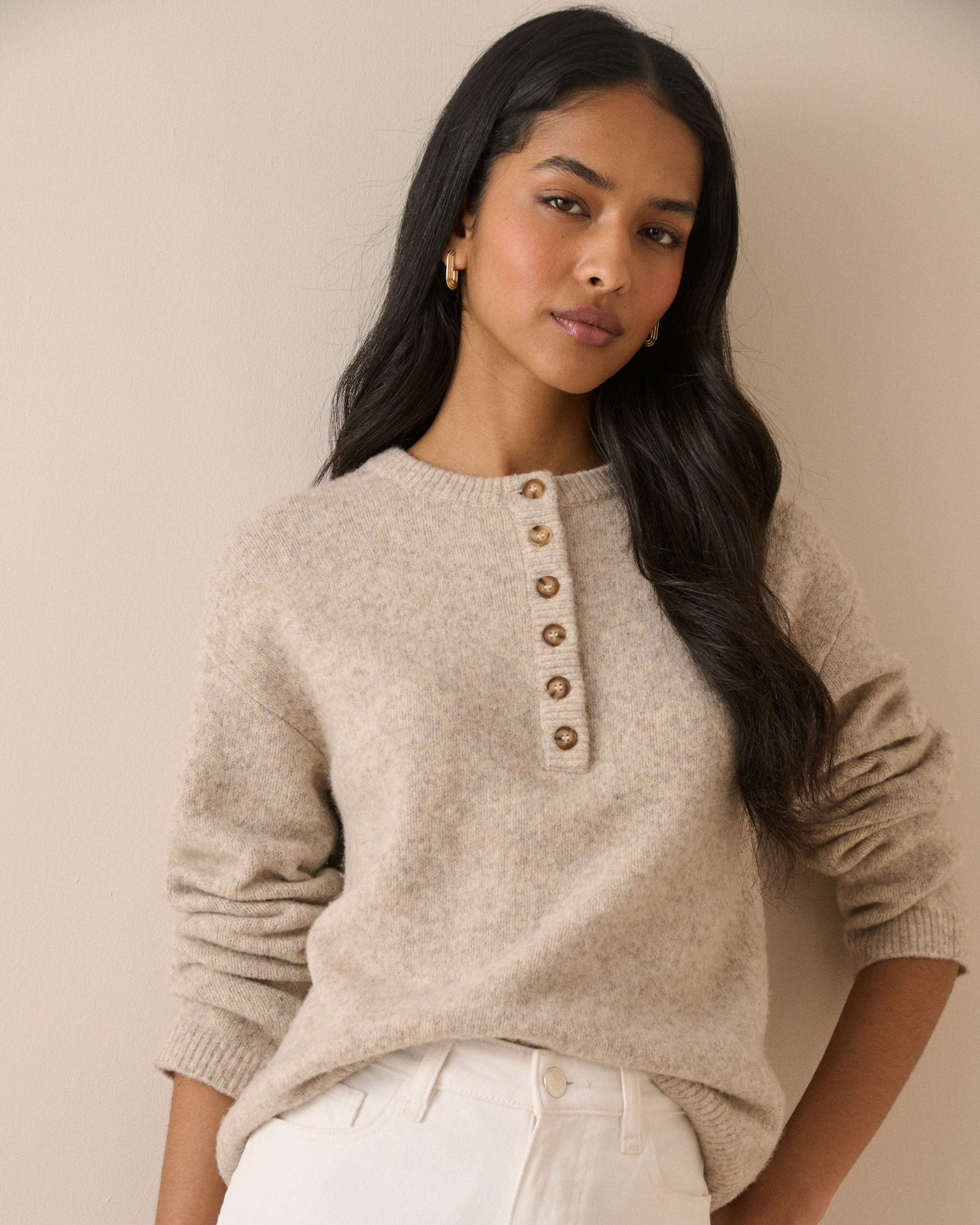 Henley Long Sleeve Jumper - Beige
