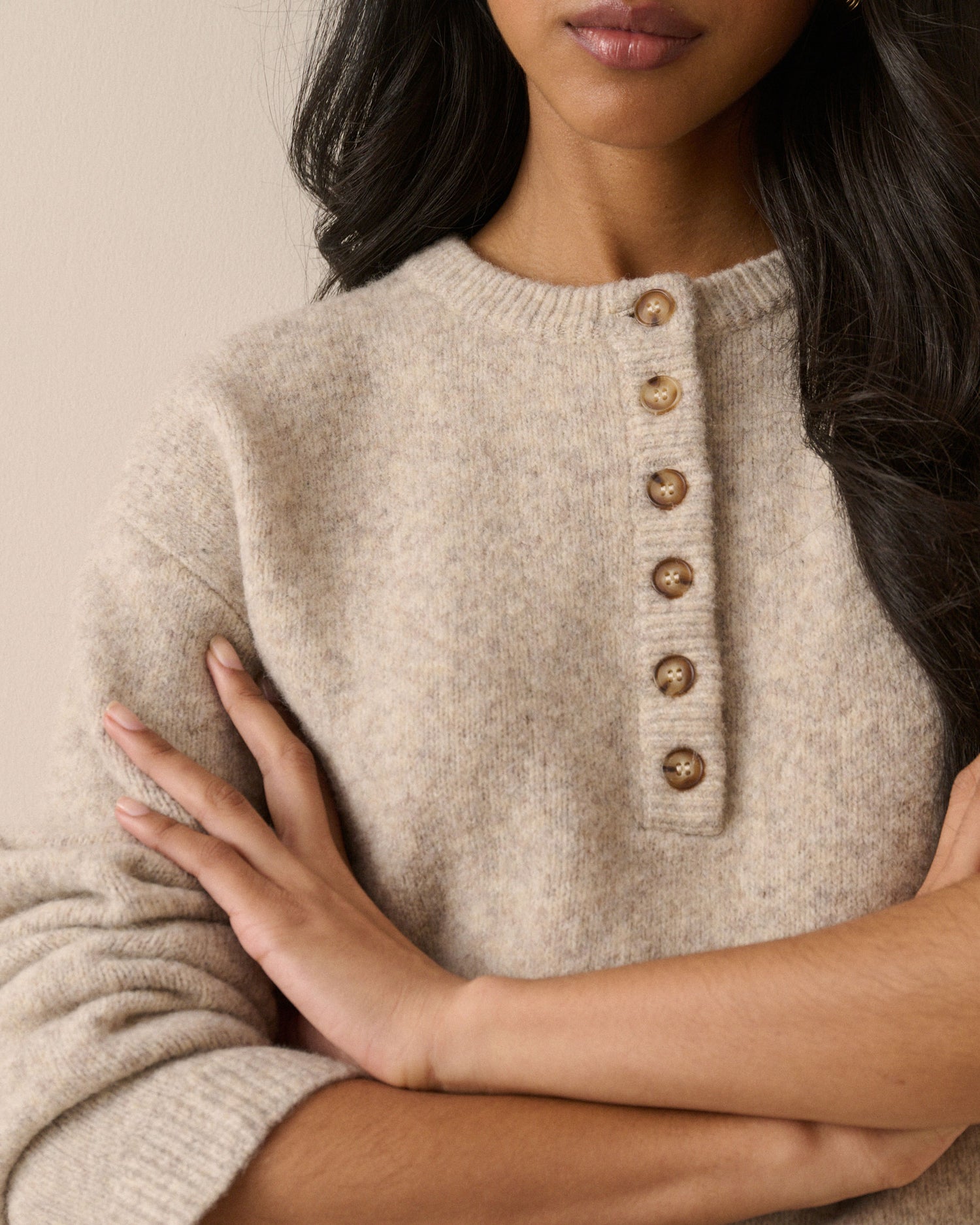 Henley Long Sleeve Jumper - Beige
