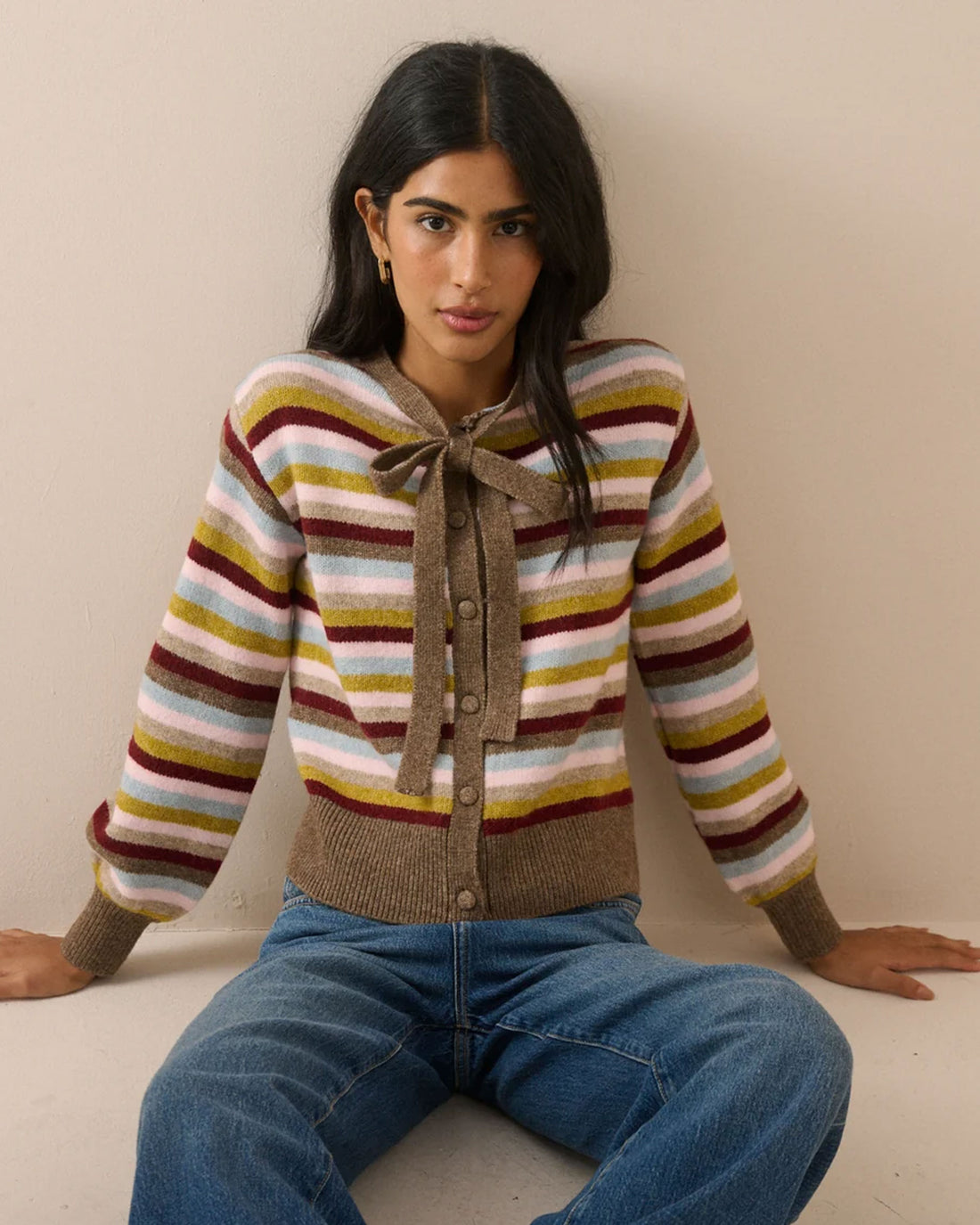 Stripe Neck Tie Cardigan - Multi