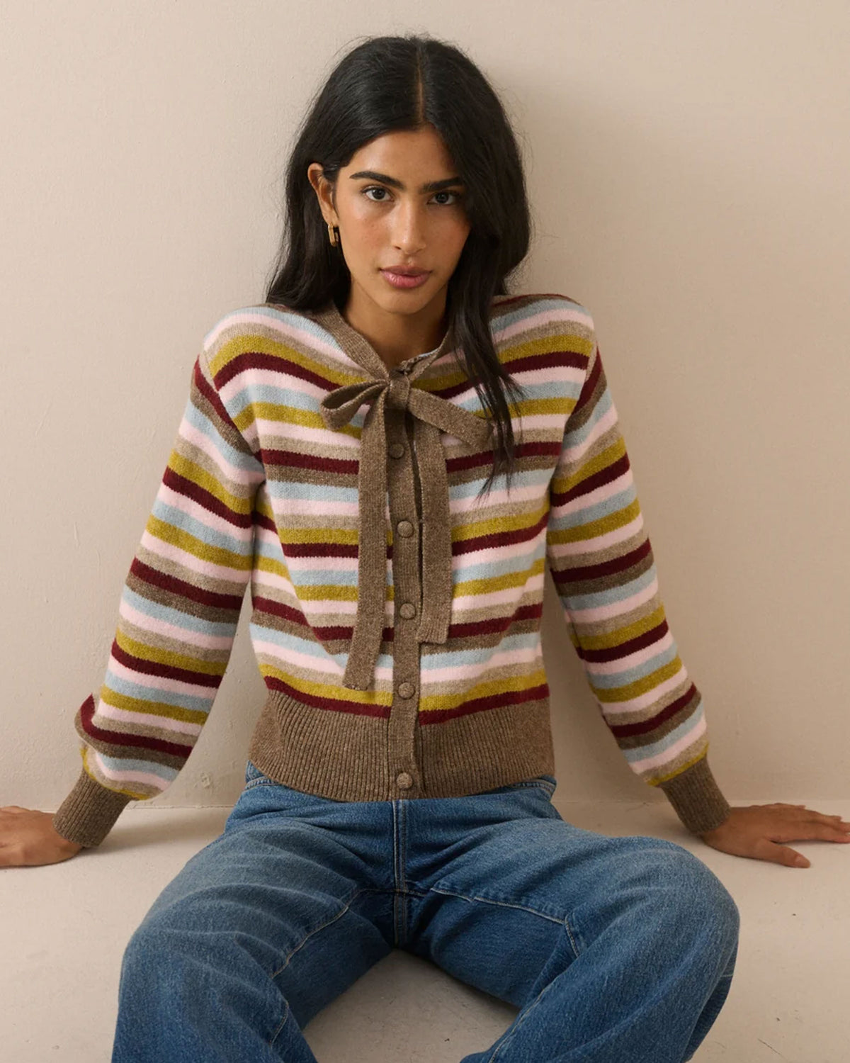 Stripe Neck Tie Cardigan - Multi