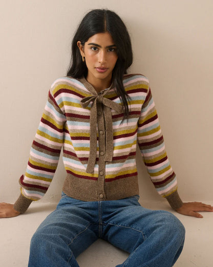 Stripe Neck Tie Cardigan - Multi