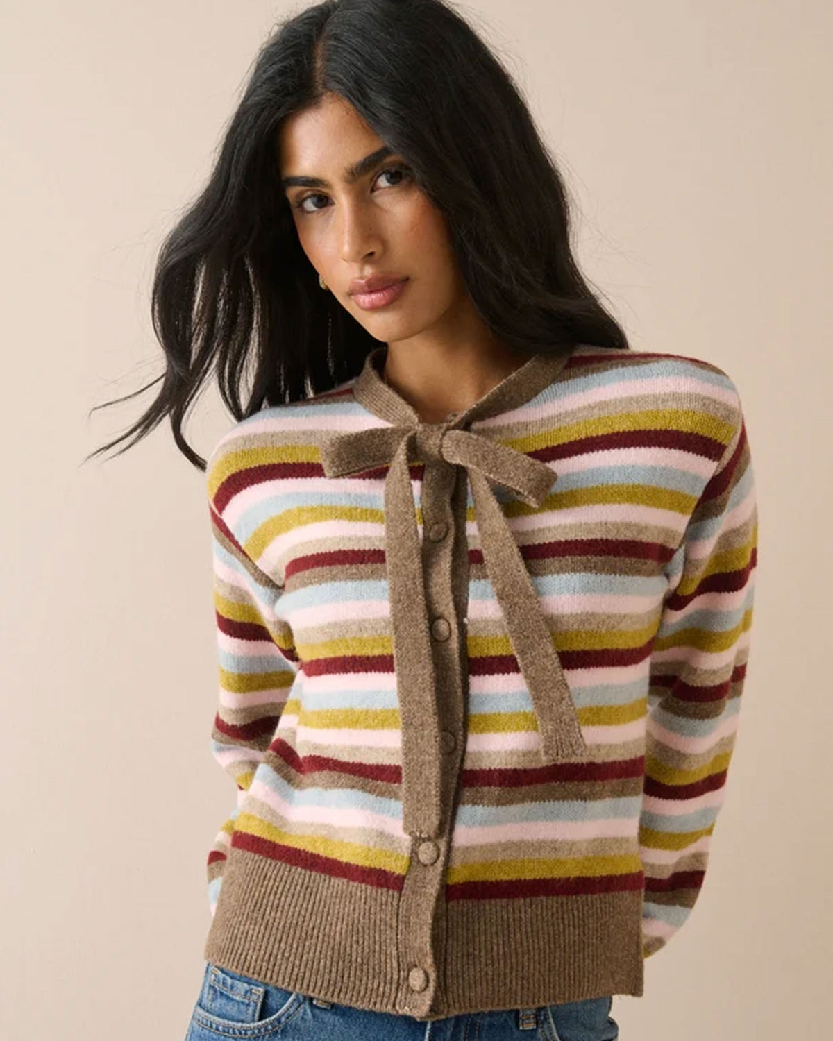 Stripe Neck Tie Cardigan - Multi