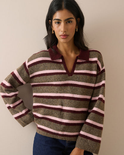 Striped V-Neck Collared Jumper - Multi