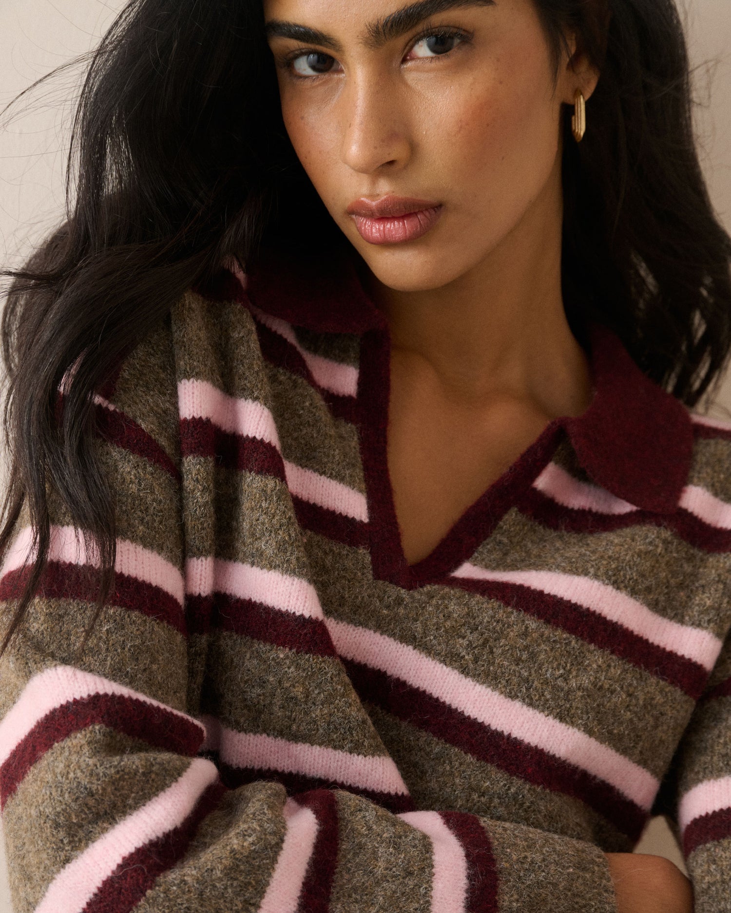 Striped V-Neck Collared Jumper - Multi