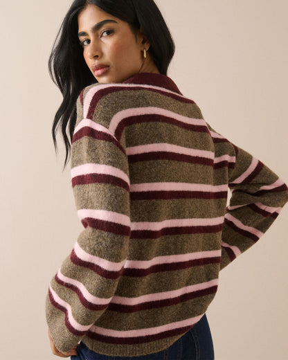Striped V-Neck Collared Jumper - Multi