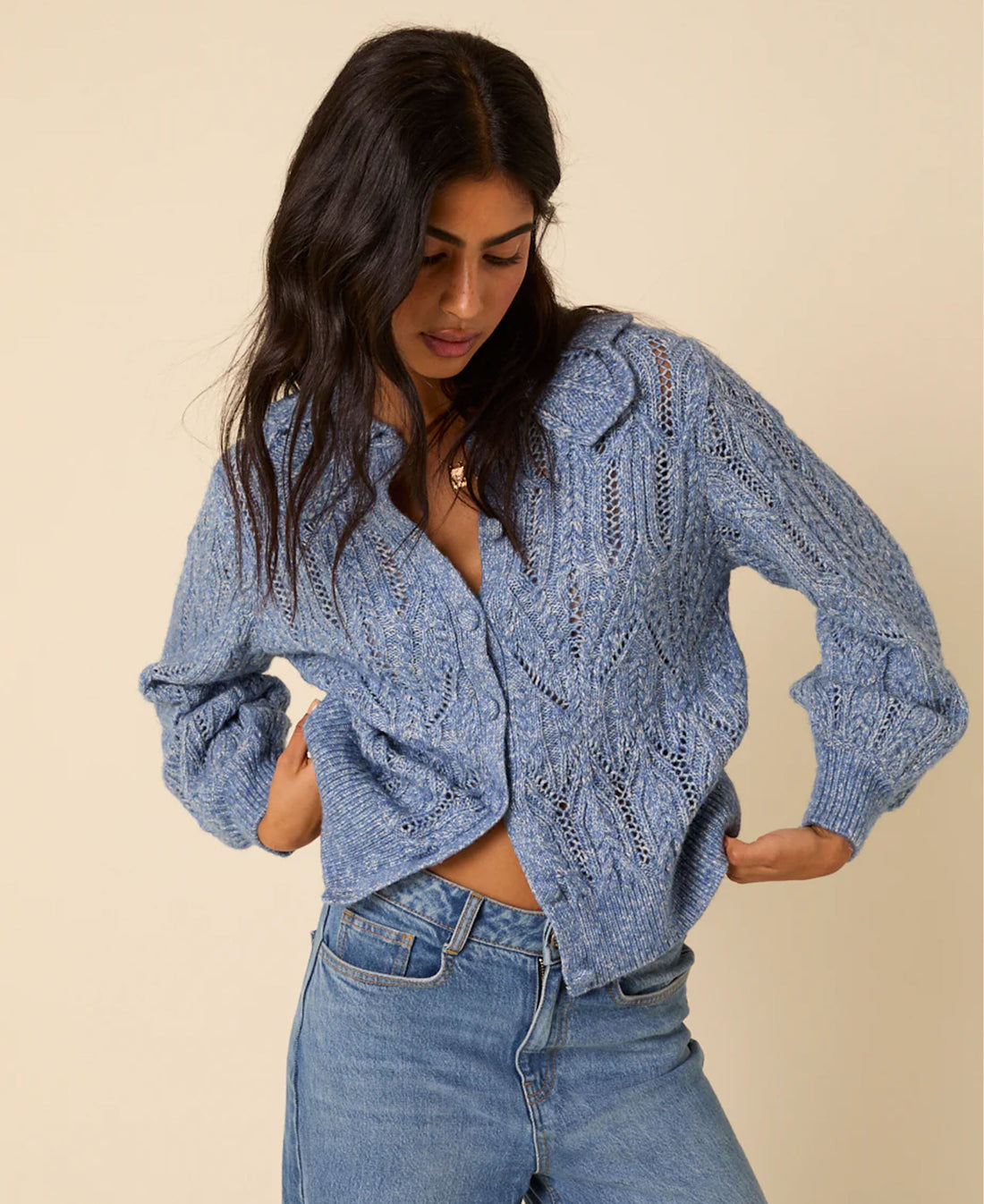 Pointelle Chunky Cardigan - Blue
