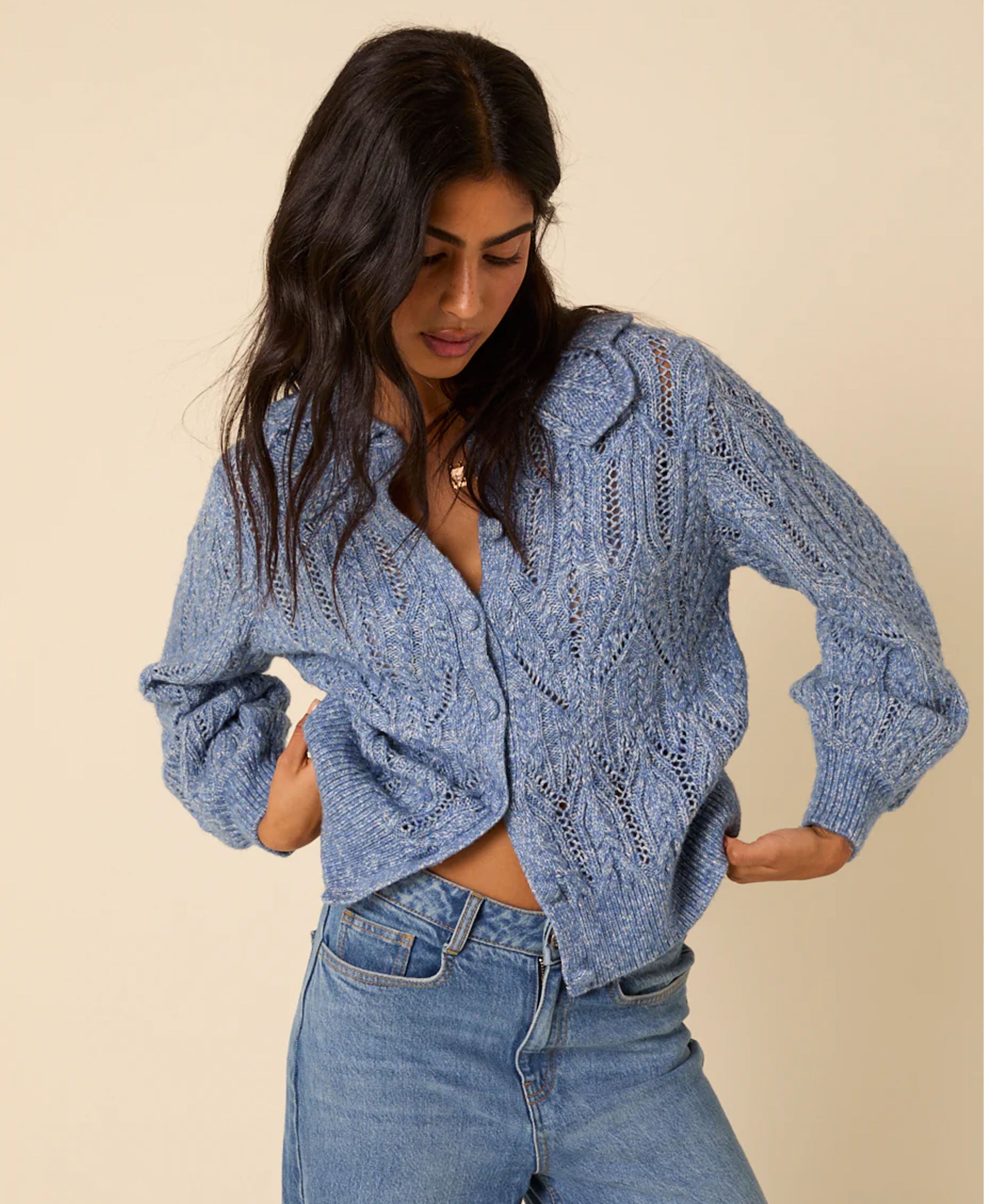 Pointelle Chunky Cardigan - Blue