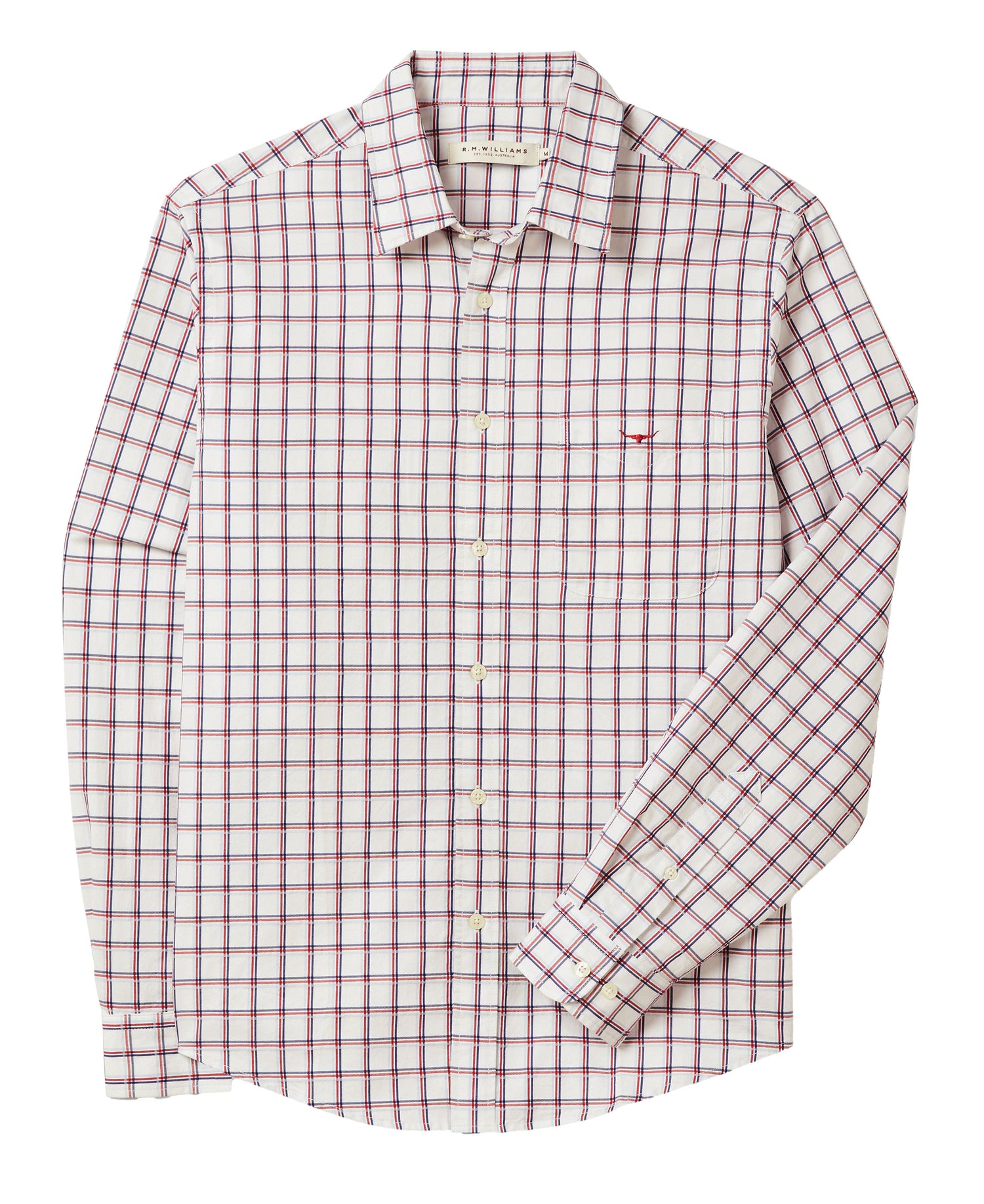 Landmark R M Williams Classic Twill Check Shirt in White/Red/Navy
