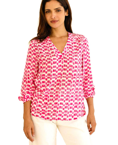 Clea Viscose Crinkle Blouse - White/Pink Ikat