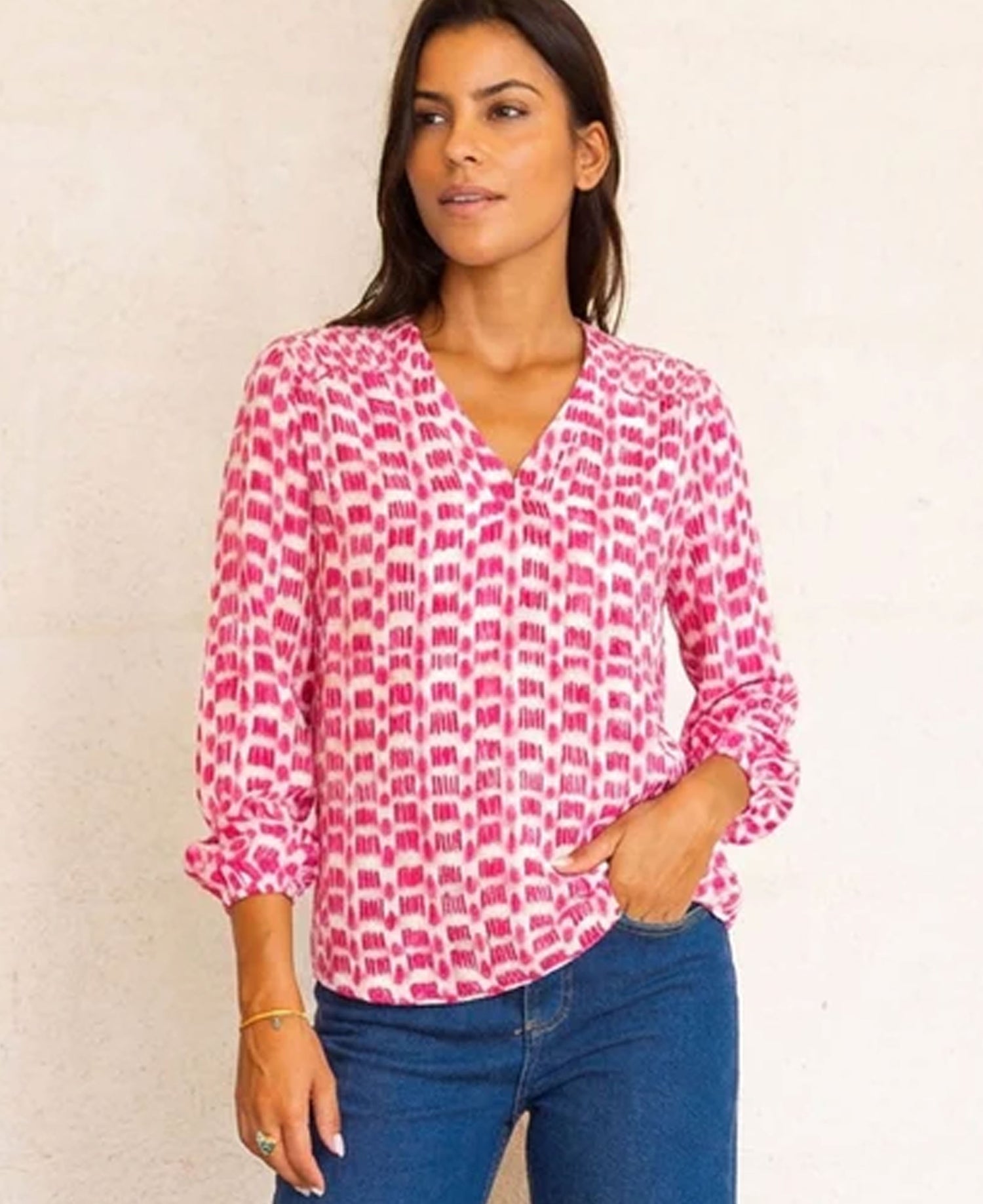 Clea Viscose Crinkle Blouse - White/Pink Ikat