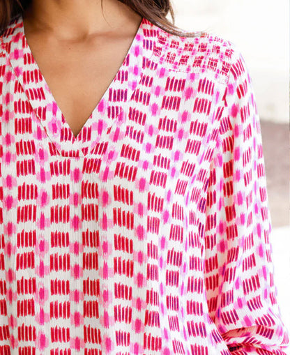 Clea Viscose Crinkle Blouse - White/Pink Ikat