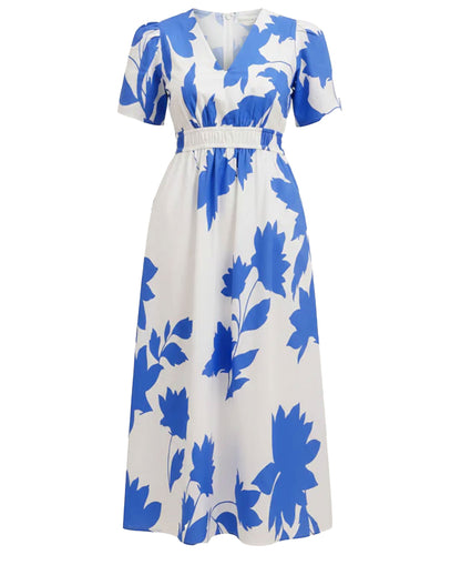 Elsa Printed Cotton Dress - Ivory/Cobalt Vine