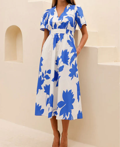Elsa Printed Cotton Dress - Ivory/Cobalt Vine