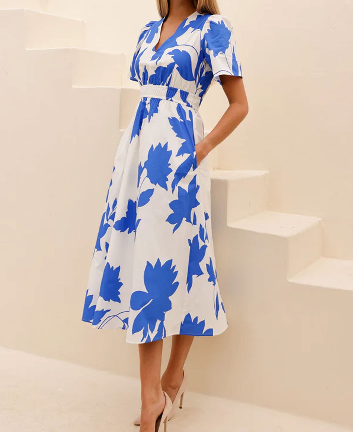 Elsa Printed Cotton Dress - Ivory/Cobalt Vine