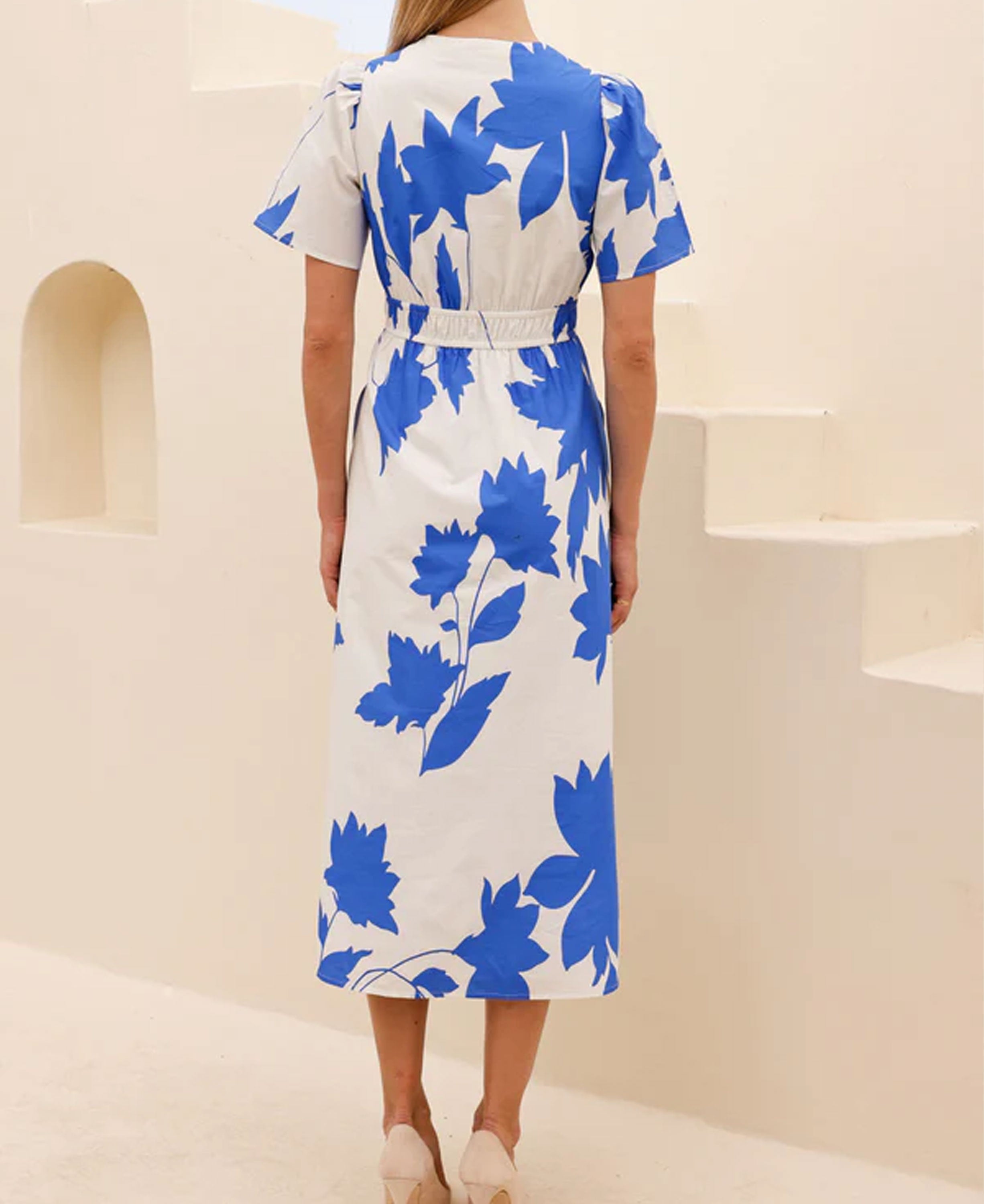 Elsa Printed Cotton Dress - Ivory/Cobalt Vine