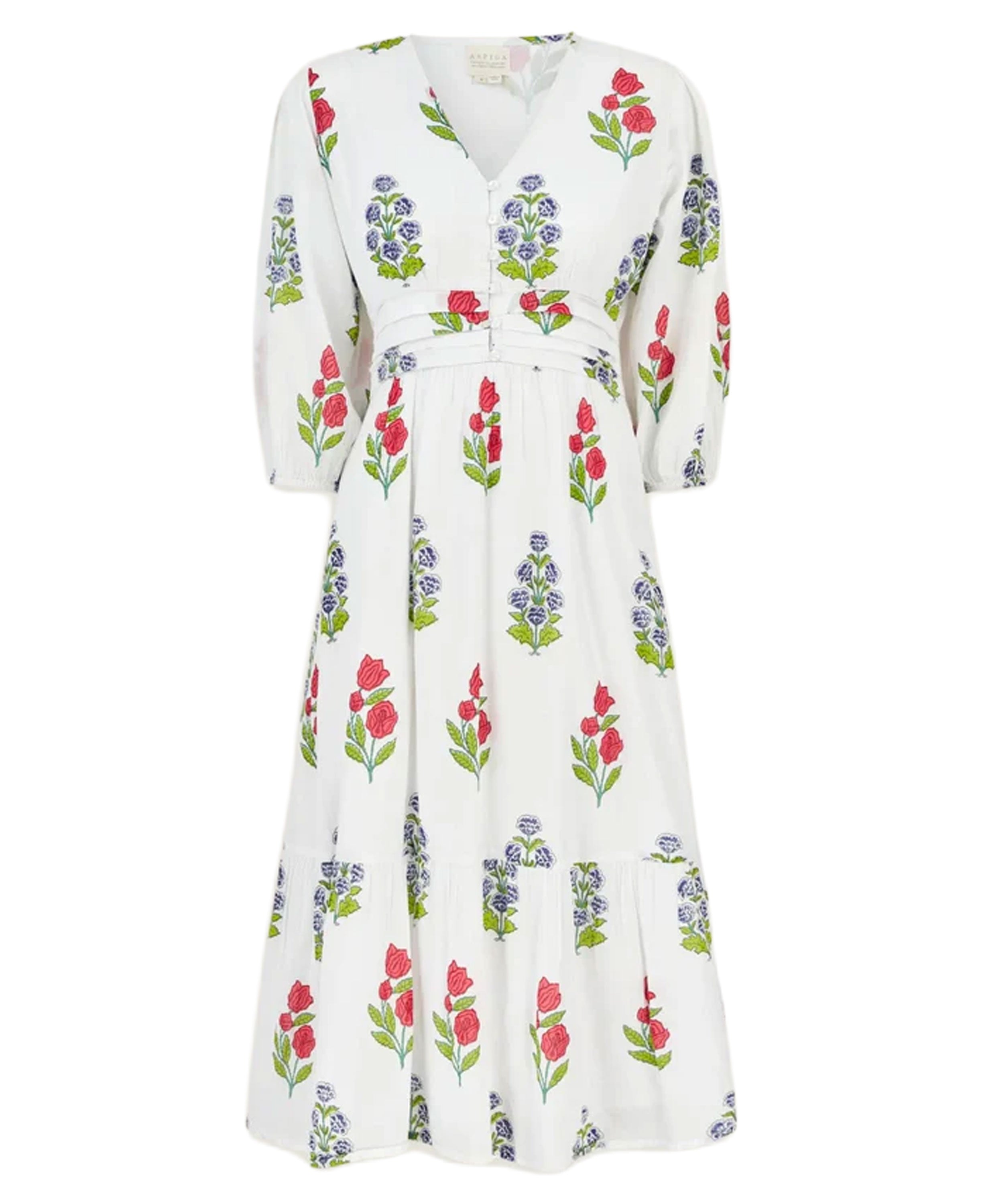 Jyoti Dress - White/Red/Blue Bud Print