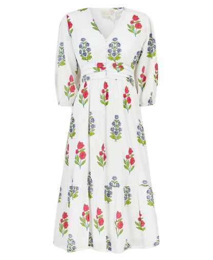 Jyoti Dress - White/Red/Blue Bud Print