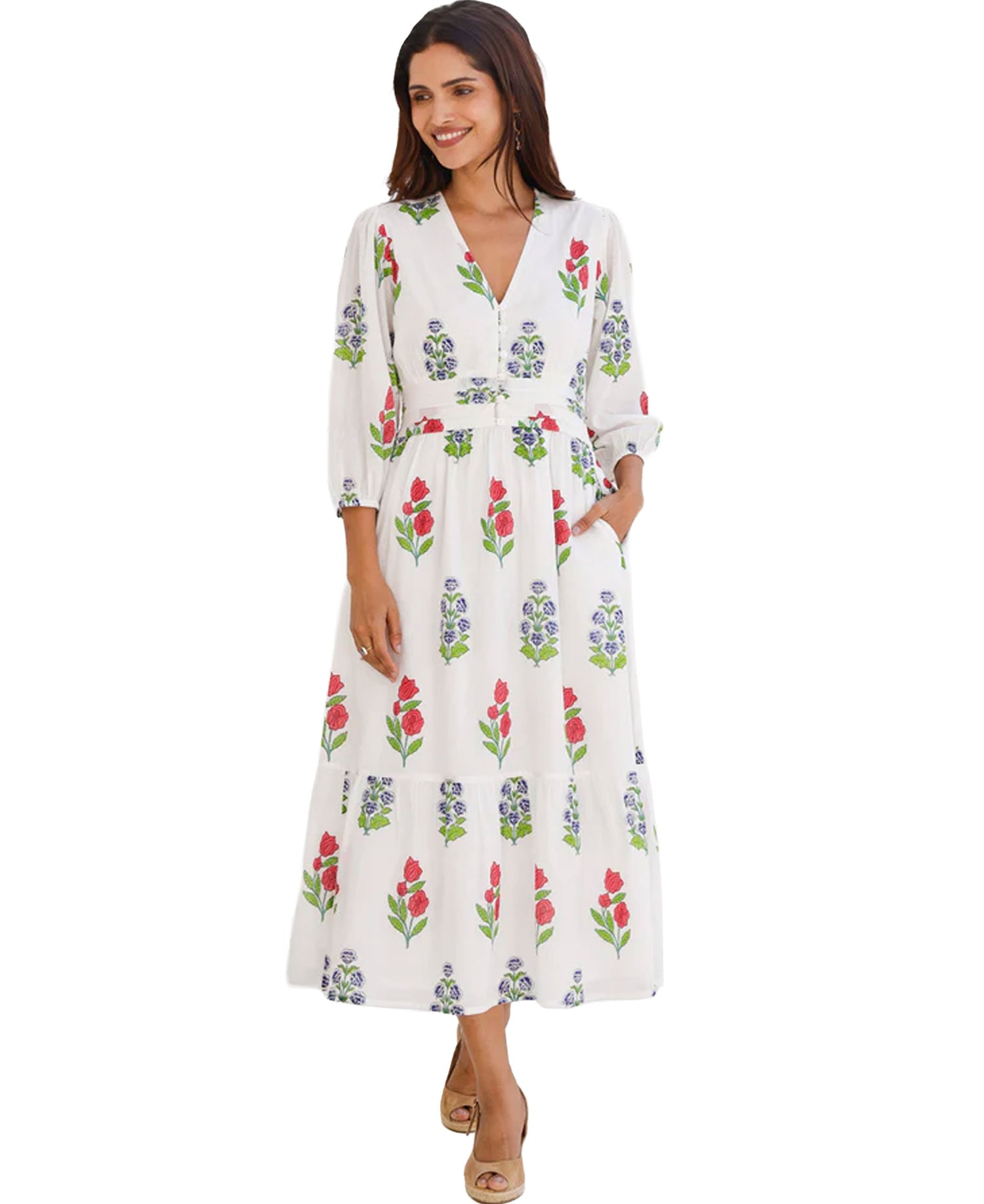 Jyoti Dress - White/Red/Blue Bud Print