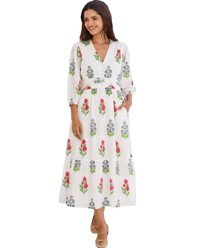 Jyoti Dress - White/Red/Blue Bud Print
