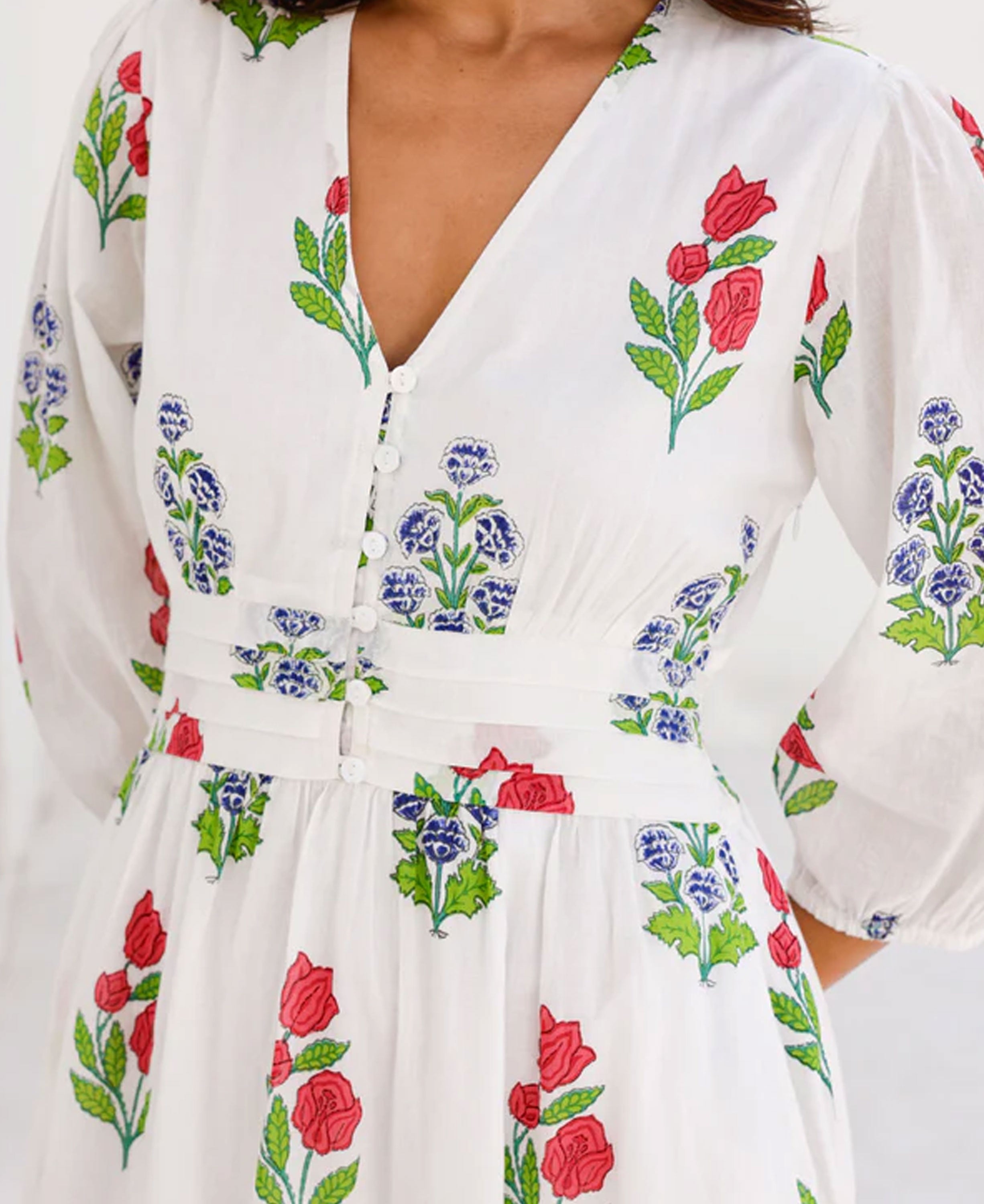 Jyoti Dress - White/Red/Blue Bud Print