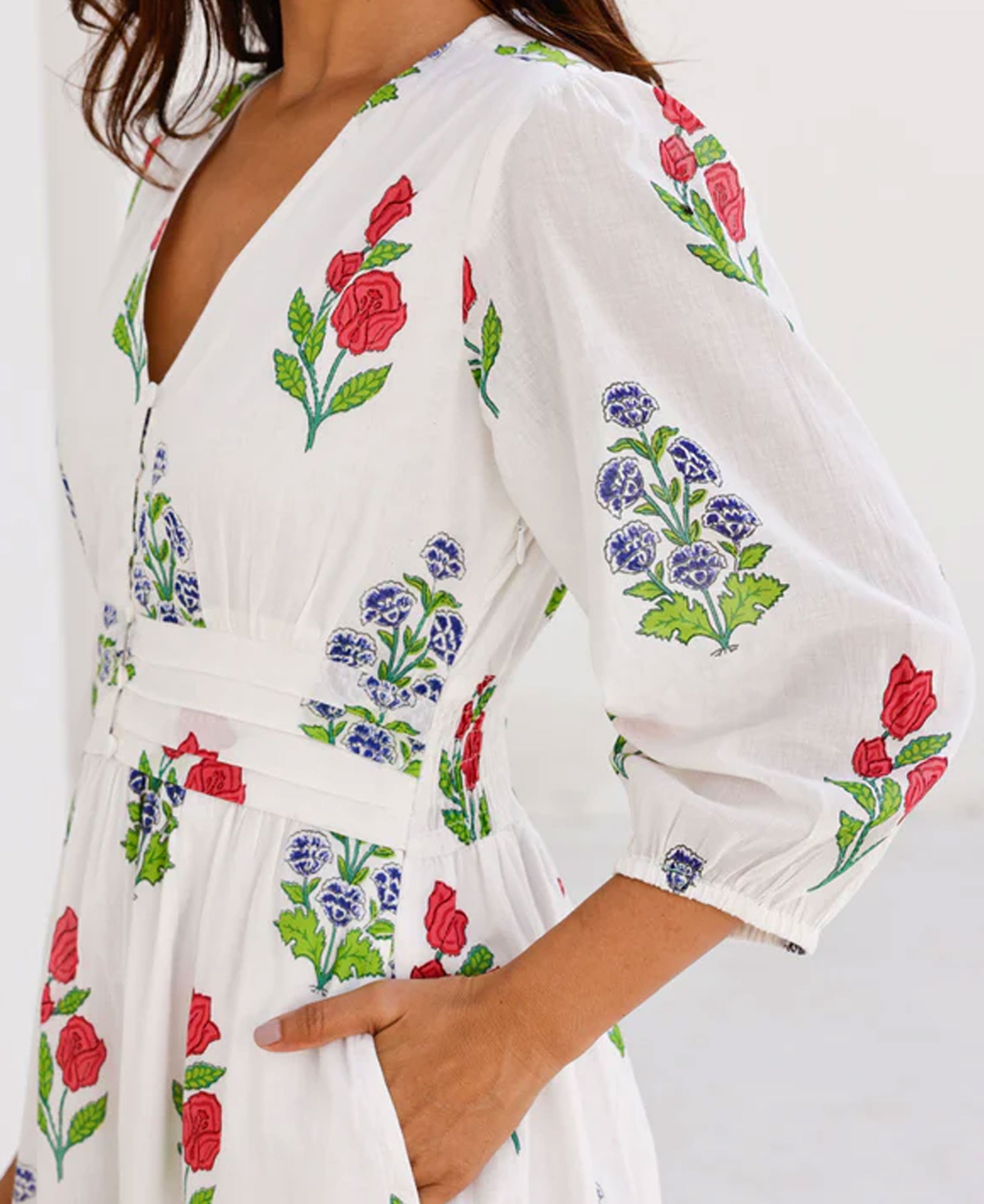 Jyoti Dress - White/Red/Blue Bud Print
