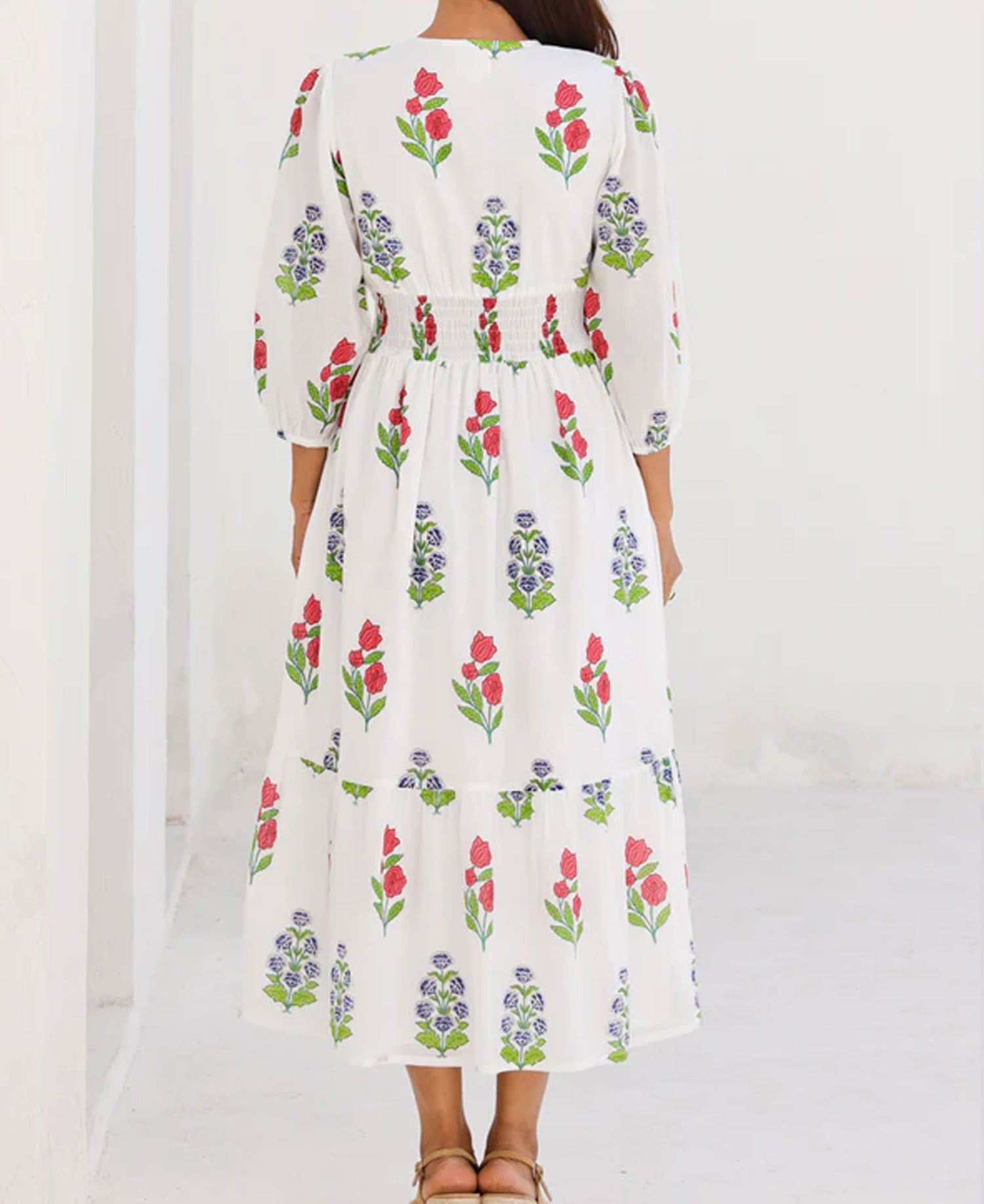 Jyoti Dress - White/Red/Blue Bud Print