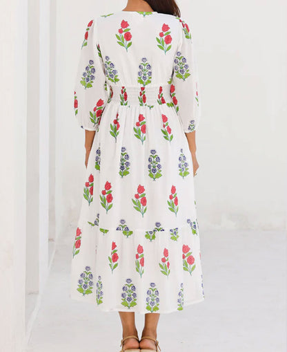 Jyoti Dress - White/Red/Blue Bud Print