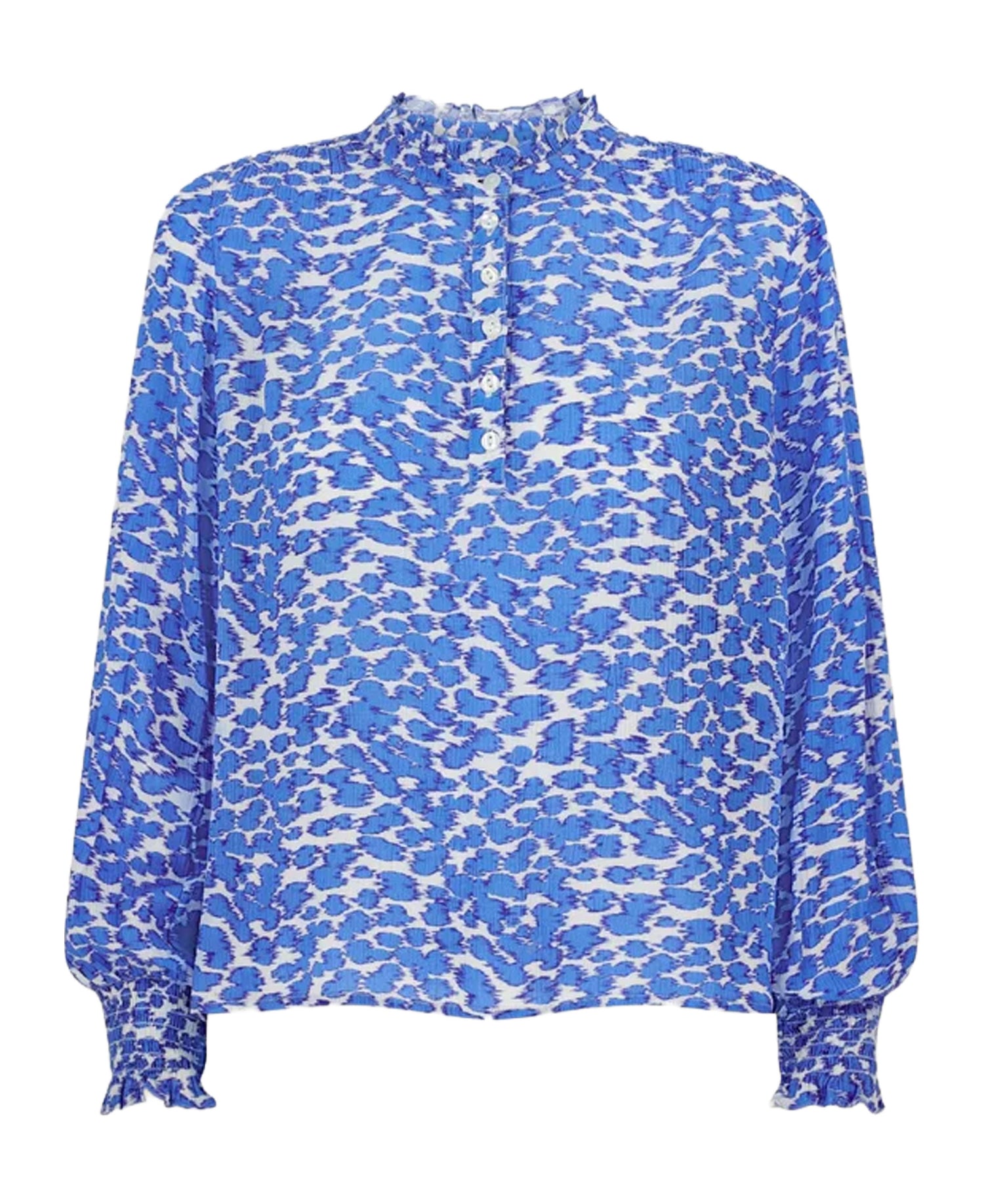 Kaia Viscose Crinkle Blouse - White/Blue Ikat Animal
